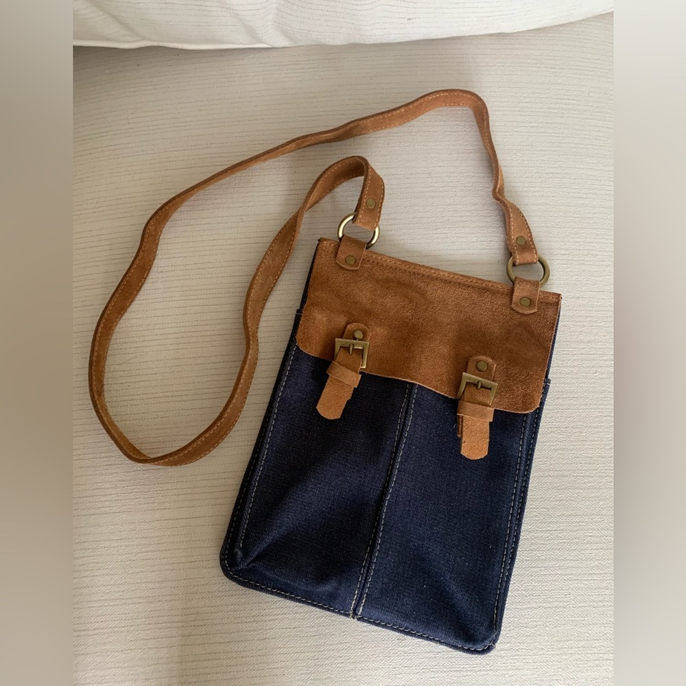 Denim and suede leather crossbody bag, perfect size for phone, keys & wallet